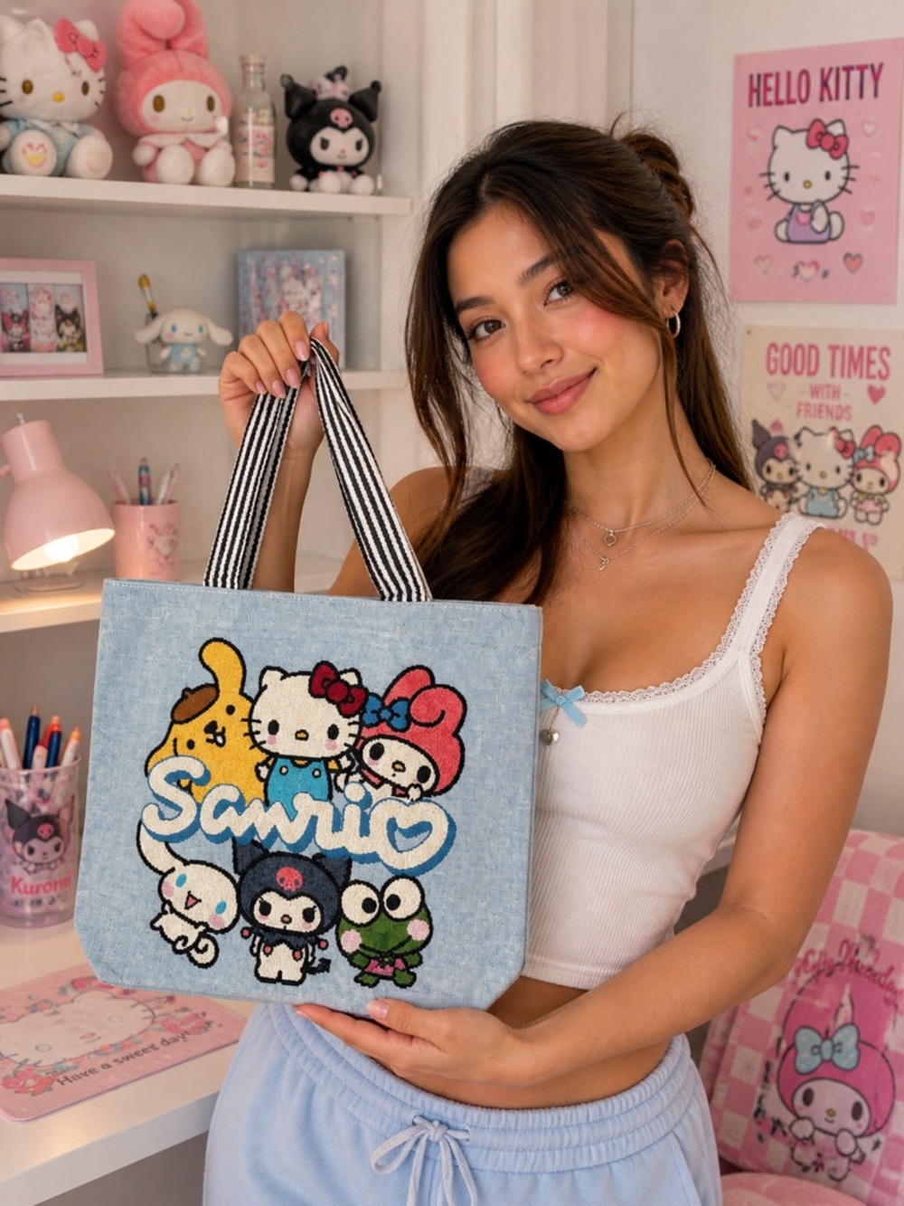 Sanrio Characters Large Denim Tote Bag Hello Kitty Friends NWOT